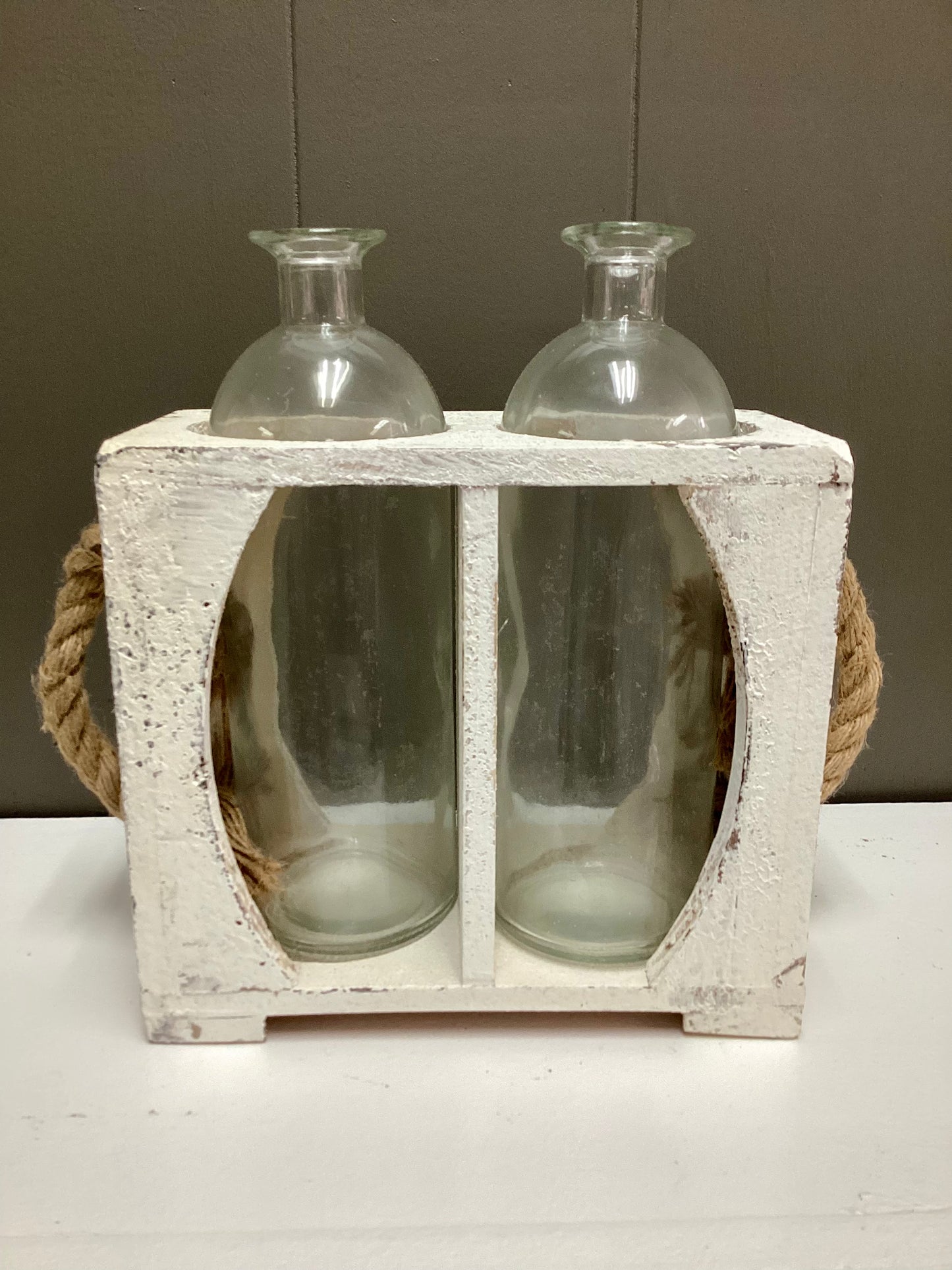 Wood Vase w/ 2 Glass Bottles